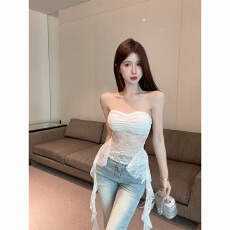 批发不规则透视蕾丝吊带背心女外穿夏季纯欲甜辣妹一字肩抹胸上衣