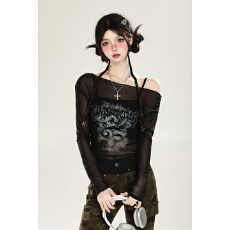 批发网纱面料 美式辣妹一字肩网纱罩衫女夏季新款防晒露肩<b class='q'>长袖</b>上衣潮