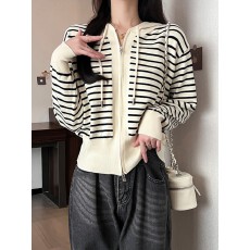 批发爆款连帽针织<b class='q'>开衫</b>女2026年秋季条纹短款黑白撞色卫衣内搭上衣外套