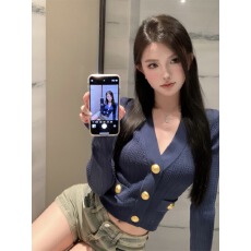 批发蓝色长袖v领针织衫女秋季御姐<b class='q'>轻熟</b>穿搭法式气质修身短款开衫上衣