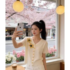 批发2026夏季新款百搭时尚洋气韩系洋气V领立体花朵提花针织短袖<b class='q'>开衫</b>