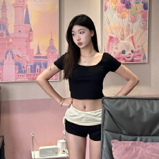 批发原版质量修身圆领短袖辣妹打底衫紧身短款T恤