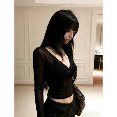 批发<b class='q'>官</b>图 美国<b class='q'>网</b> V领蝴蝶结长袖T恤女春季韩系纯欲风修身显瘦短款外穿