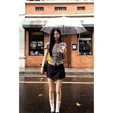 批发复古<b class='q'>格子</b>短袖<b class='q'>衬衫</b>女夏季2026新款法式气质<b class='q'>衬衣</b>修身掐腰设计感上衣