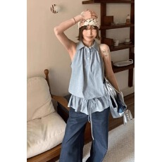 批发原版面料韩系<b class='q'>格子</b>无袖<b class='q'>衬衫</b>夏减龄小衫设计感小众收腰系带<b class='q'>衬衣</b>