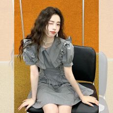 批发法式学院风泡泡袖灰色<b class='q'>连衣裙</b>女<b class='q'>夏</b>季高级感小众设计小个子公主裙子