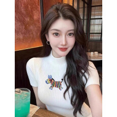 批发彩虹马刺绣半高领短袖针织衫女独特超好看修身打底衫早<b class='q'>秋</b>黑色上衣