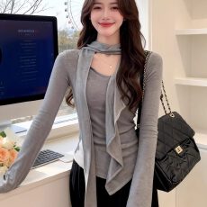 批发官图实价 不规则V领飘带荷叶边<b class='q'>长袖</b>T恤春夏设计感时髦内搭上衣女