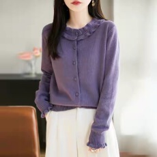 批发法式温柔风木耳边针织开衫女毛衣外套2026新款高端设计感打底毛衫
