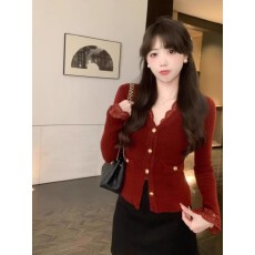 批发小香风酒红色蕾丝花边毛针织衫2026年新款