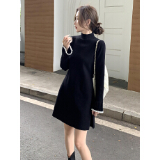 批发优雅风黑色半高领喇叭袖A字短款毛针织裙 显瘦气质通勤