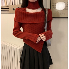 批发辣妹风红色白色黑色<b class='q'>一字领</b>高领长袖不对称毛针织衫 显瘦气质