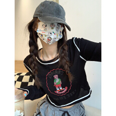 批发辣妹风圆领撞色边长袖短款卡通小熊印花毛<b class='q'>针织</b>衫 显瘦减龄