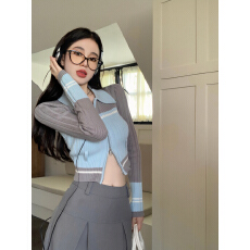 批发辣妹风拼色翻领长袖短款修身拉链开衫毛<b class='q'>针织</b>衫 显瘦气质