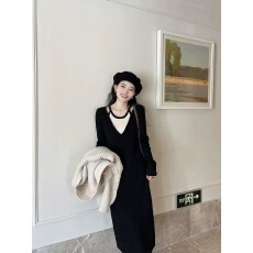 批发法式简约<b class='q'>通勤</b>假两件针织连衣裙2025秋冬季新款气质百搭爆款连衣裙