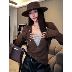 极简风气质V领链条长袖针织衫女秋季新款高级感时尚修身显瘦上衣