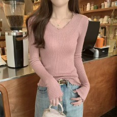 批发法式纯欲风u领花边针织衫女秋冬韩版<b class='q'>修身</b>显瘦内搭打底衫上衣