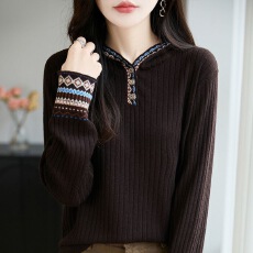 批发时尚大码复古民族连帽毛衣提花羊毛针织衫宽松显瘦减龄长袖上衣女