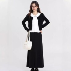 批发<b class='q'>针织</b>开衫外套女早秋季韩系外搭镂空短款黑色薄款长袖小上衣两件套