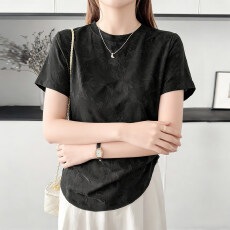 批发大码轻奢风白色提花短袖T恤女圆领宽松显瘦夏季柔软舒适百搭上衣