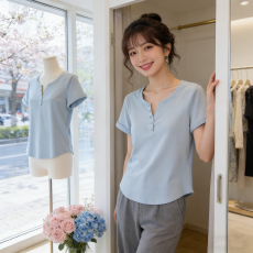 批发大码微胖女装2026夏新款显瘦收腰百搭v领胖mm纽扣纯色短袖T恤上衣