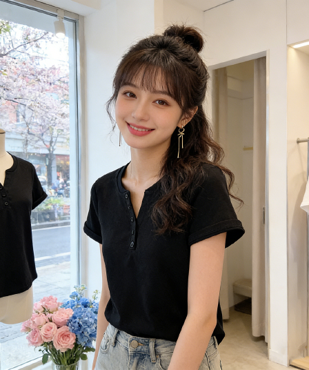 빅 사이즈 마이크로 지방 여성 의류 2026 여름 새로운 슬림해 보이는 허리 수축 다용도 V넥 지방 mm 단추 단색 반팔 티셔츠 맨위