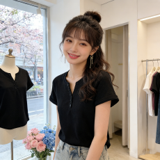 批发大码微胖女装2026夏新款显瘦收腰百搭v领胖mm纽扣纯色短袖T恤上衣