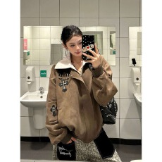 批发美式十字架贴皮刺绣翻领外套男女同款潮牌宽松撞色拼接夹克