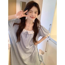 批发2025年夏季睡裙女圆领花边蕾丝家居服中长款