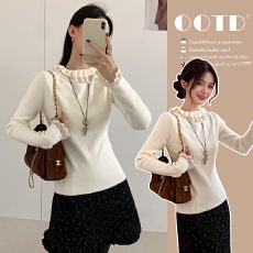 孕妇花边领打底衫秋冬小众高级感内搭韩系设计百搭上衣长袖针织衫