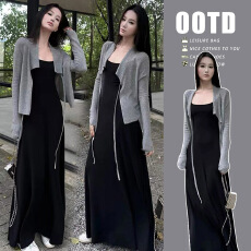 春装新款2026时尚简约吊带孕妇连衣裙小黑裙+披肩孕妇套装