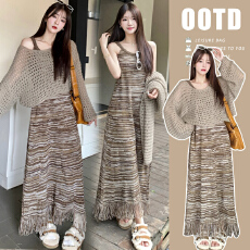 复古流苏吊带连衣裙春季新款叠穿镂空长袖针织衫孕妇套装