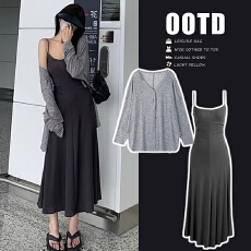 孕妇装春装新款高级感中长开衫+洋气时髦吊带裙孕妇套装