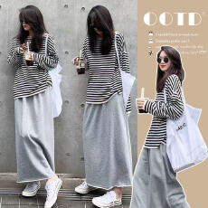 批发韩版松弛感休闲风套装<b class='q'>裙</b>春装新款<b class='q'>条纹</b>上衣半身<b class='q'>裙</b>孕妇装