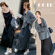 批发韩版慵懒风衬衫吊带裙2026年春季新款气质连衣裙<b class='q'>宽松</b>时尚孕妇套装