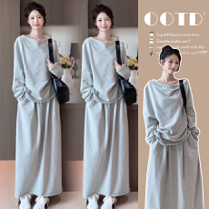 批发春季高级感减龄气质卫衣长裙简约松弛感宽松遮肉孕妇套装