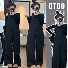 批发有货~孕妇春装新款韩版<b class='q'>休闲</b>牛仔背带裤+黑色斜肩上衣洋气两件套装