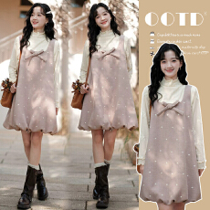 批发粉色波点背心连衣裙两件套女春季千金miu系穿搭减龄花苞裙<b class='q'>孕妇装</b>