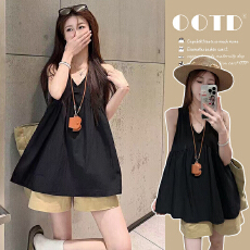 批发XIAN货<b class='q'>宽松</b>减龄黑色V领吊带背心夏季新款百搭无袖娃娃衫上衣+短裤