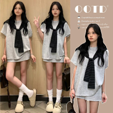 批发新品 韩系灰色<b class='q'>运动服</b>套装夏季宽松<b class='q'>显瘦</b>减龄短袖裙裤休闲孕妇装