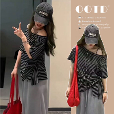 批发孕妇装韩系复古不规则露肩条纹短袖T恤夏季气质遮肉上衣半身裙