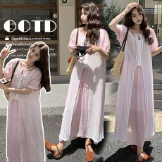 2026新款甜美减龄长裙粉色镂空罩衫叠穿短袖连衣裙孕妇套装