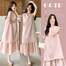 批发2026新款不规则假两件温柔风粉色无袖<b class='q'>连衣裙</b>爆款宽松<b class='q'>孕妇</b><b class='q'>长裙</b>