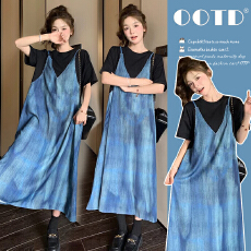 批发韩版时尚印花蓝色假两件连衣裙<b class='q'>夏</b>季新款设计感宽松T恤裙孕妇装