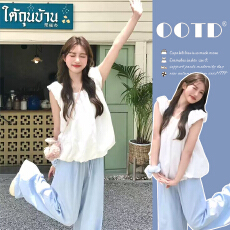 批发韩版元气减龄休闲运动套<b class='q'>装</b>夏宽松泡泡无袖衬衫阔腿<b class='q'>裤</b><b class='q'>两件</b>孕妇<b class='q'>套</b><b class='q'>装</b>