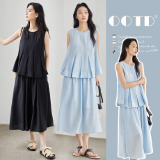 批发2026夏新款韩系蓝色压褶无袖上衣半裙套装松弛感优雅孕妇装<b class='q'>两件</b>套