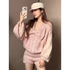 批发纯欲风套装女2025<b class='q'>秋</b>季新款温柔粉色蝴蝶结针织毛衣高腰短裤两件套