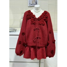 批发立体花朵v领套头毛衣女秋冬季宽松慵懒风短款内搭针织套装