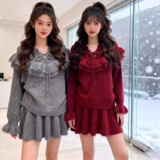 批发冬装韩系穿搭一整套针织套头荷叶边系带毛衣短裙套装减龄两件套女
