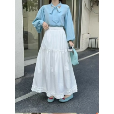 批发甜美蕾丝木耳边拼接<b class='q'>半身</b>裙女早春穿搭蛋糕伞裙松紧高腰a字中<b class='q'>长裙</b>